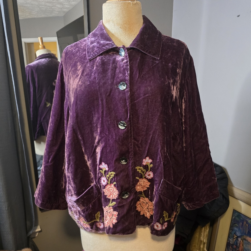 Artsy and Chic J.Jill Plum Velvet Embroidered Button-Front Jacket - Picture 2 of 8